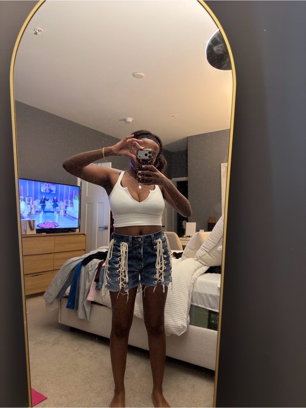 High-Rise Lace-Up Distressed Denim Shorts - Blue